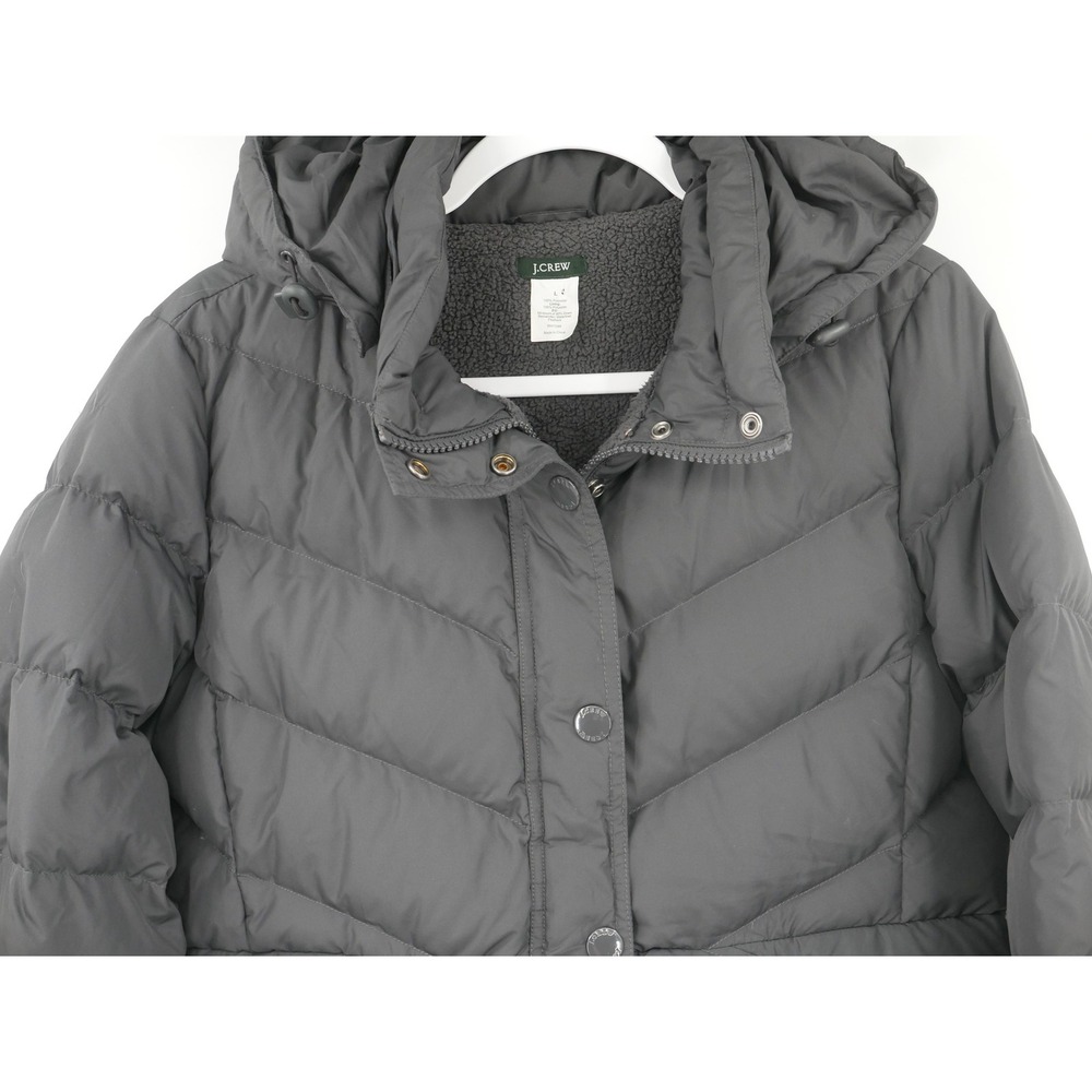 J.CREW Jacket Gray Down Puffer Hooded Snap Sherpa Lined Quilted Women's Large